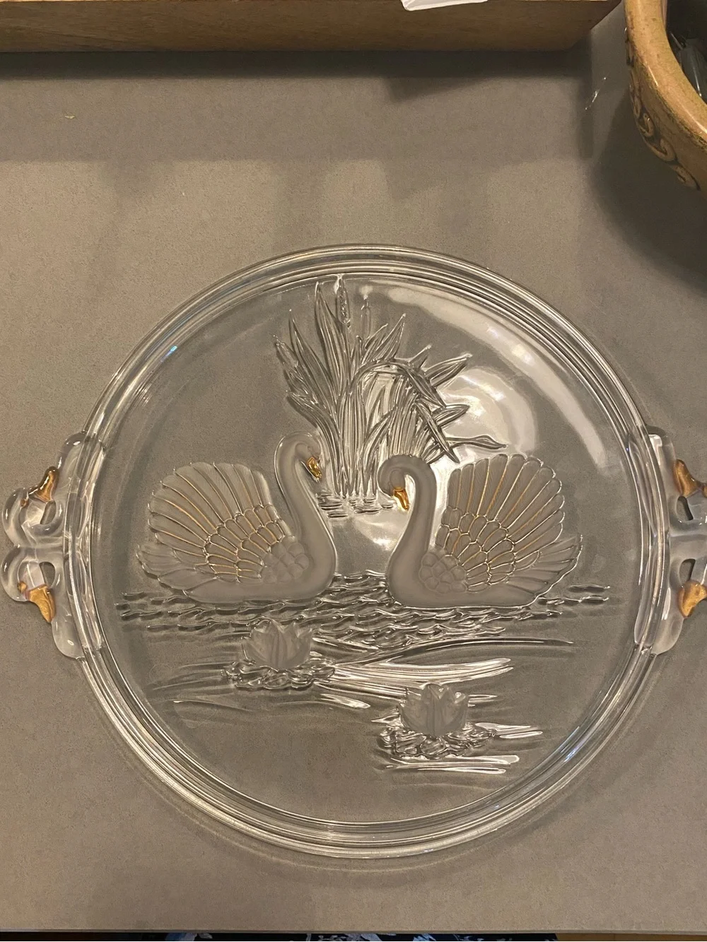 Mikasa Walther crystal serving platter frosted glass swans cattails Cake Plate